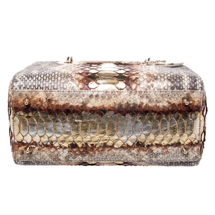 Pre Owned Dior Beige/Gold Python Medium Lady Dior Tote