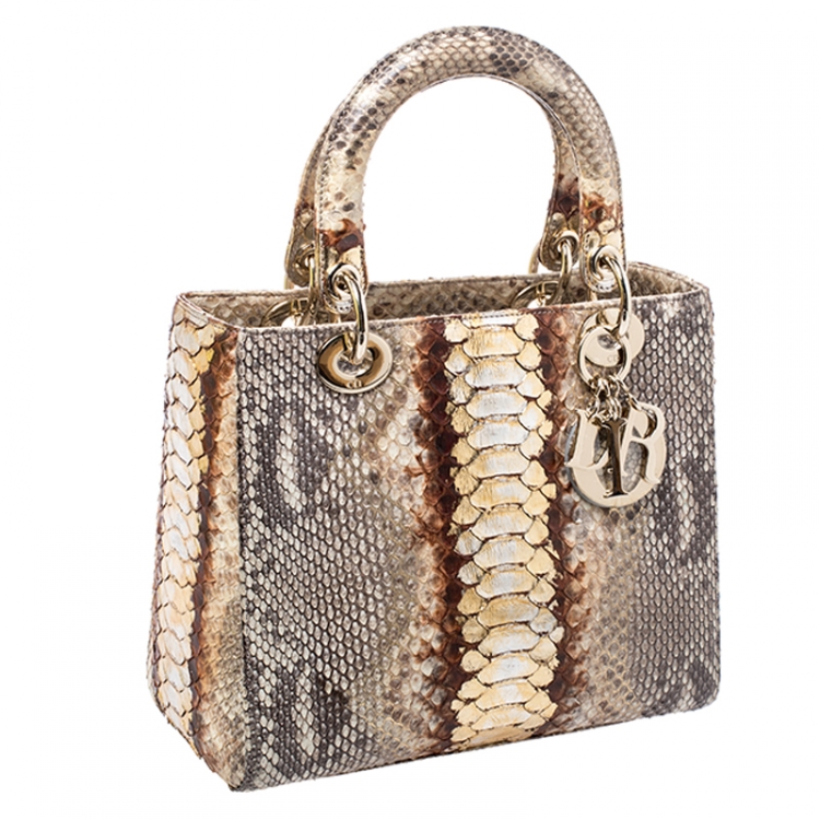 Pre Owned Dior Beige/Gold Python Medium Lady Dior Tote