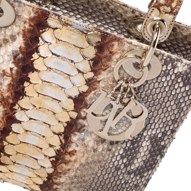 Pre Owned Dior Beige/Gold Python Medium Lady Dior Tote