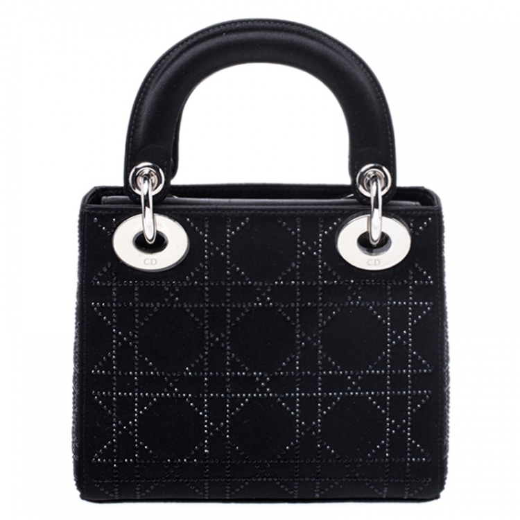 Pre Owned Dior Black Crystal Satin Mini Lady Dior Tote