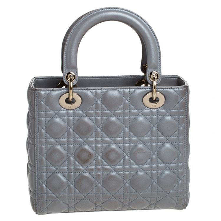 Pre Owned Dior Grey Cannage Leather Medium Lady Dior Tote 