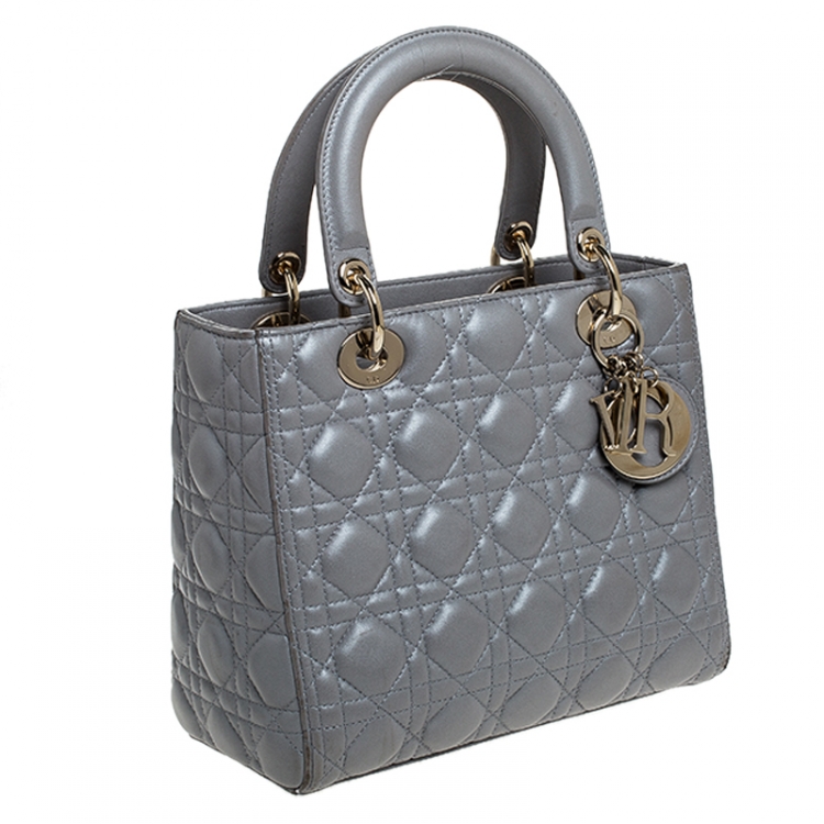 Pre Owned Dior Grey Cannage Leather Medium Lady Dior Tote 