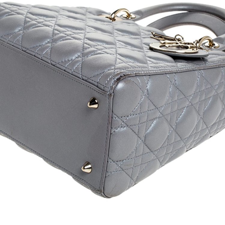 Pre Owned Dior Grey Cannage Leather Medium Lady Dior Tote 