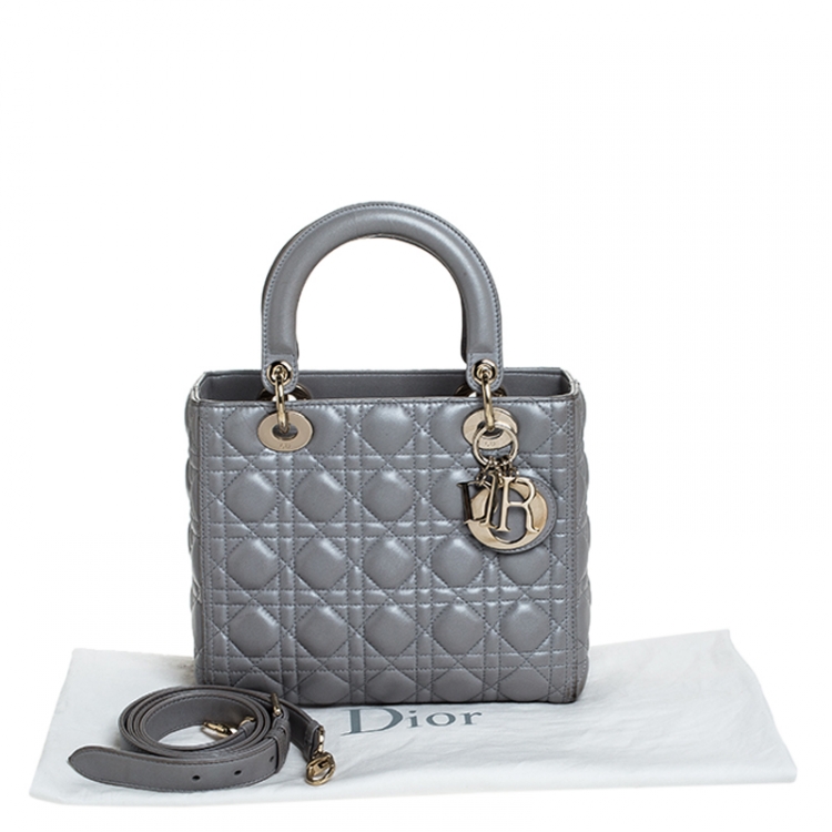 Pre Owned Dior Grey Cannage Leather Medium Lady Dior Tote 