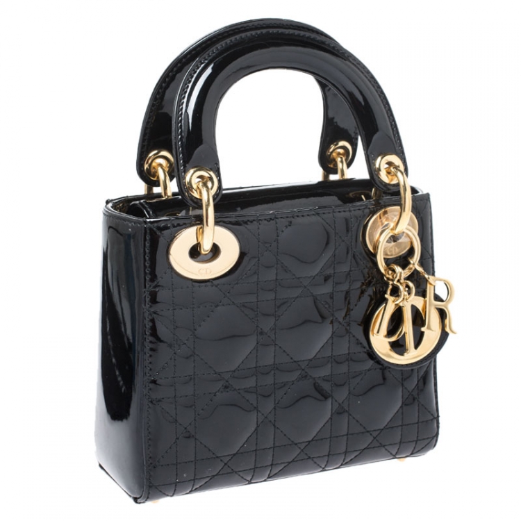 Pre Owned Dior Black Patent Leather Mini Lady Dior Tote