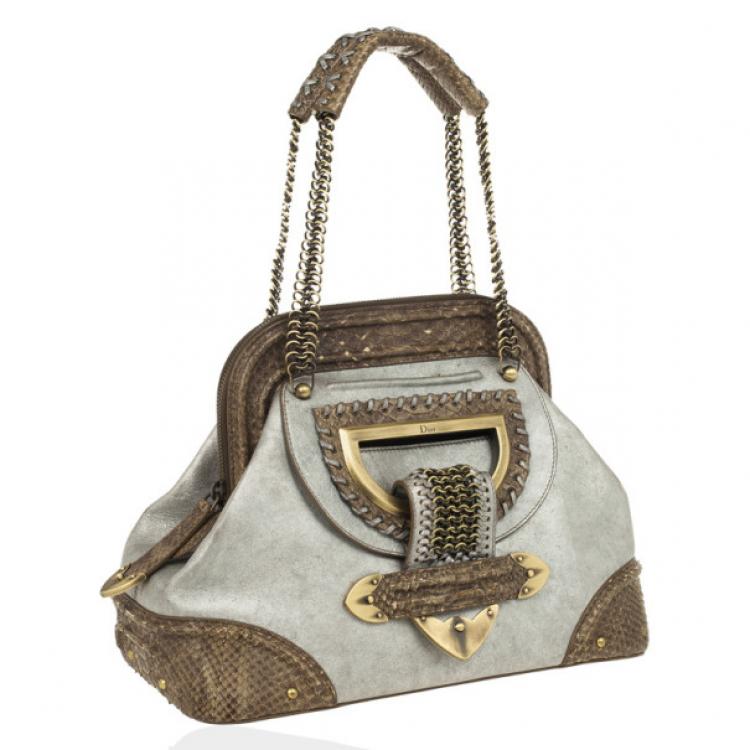 Pre Owned Christian Dior Python Grey Leather Boston Bag