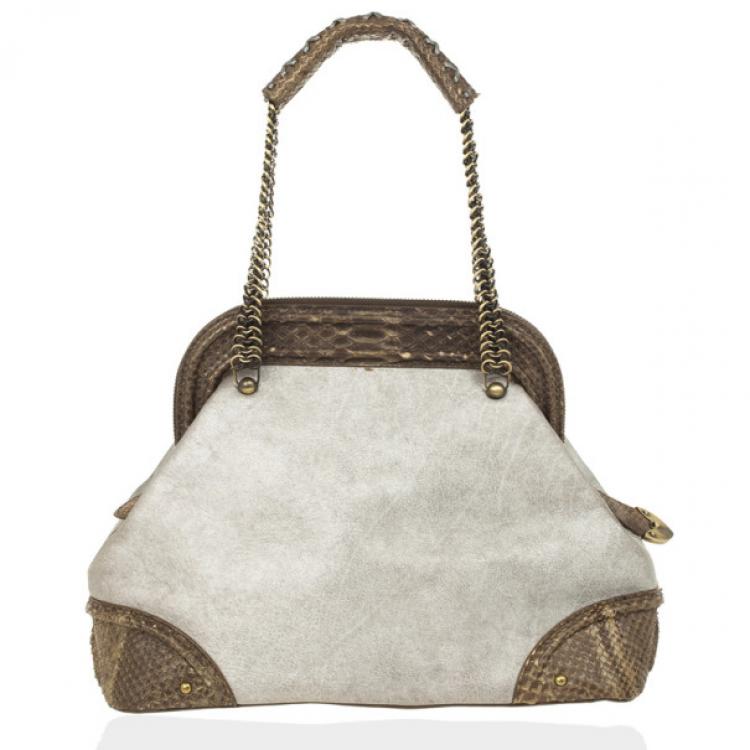 Pre Owned Christian Dior Python Grey Leather Boston Bag