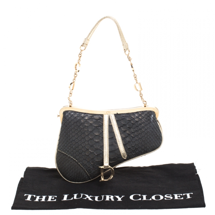Pre Owned Dior Black/Gold Python and Leather Mini Saddle Bag