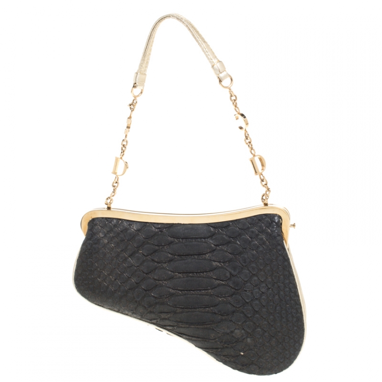 Pre Owned Dior Black/Gold Python and Leather Mini Saddle Bag