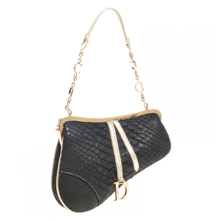 Pre Owned Dior Black/Gold Python and Leather Mini Saddle Bag