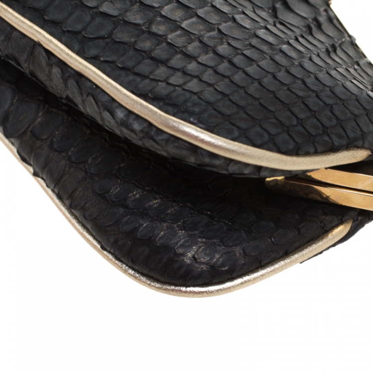 Pre Owned Dior Black/Gold Python and Leather Mini Saddle Bag