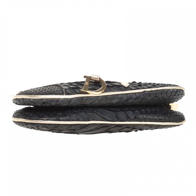 Pre Owned Dior Black/Gold Python and Leather Mini Saddle Bag