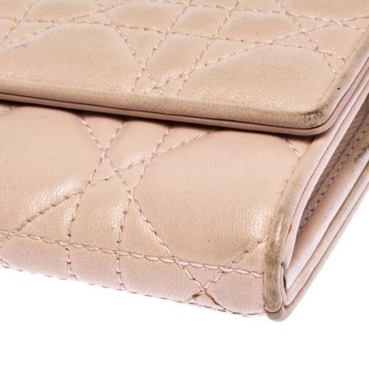 Pre Owned Dior Beige Cannage Leather Lady Dior Wallet On Chain