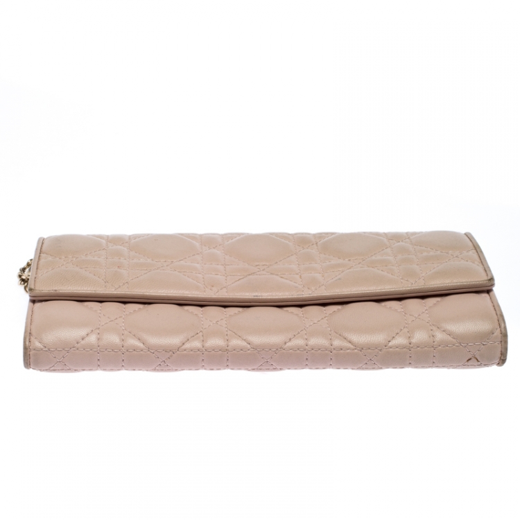 Pre Owned Dior Beige Cannage Leather Lady Dior Wallet On Chain