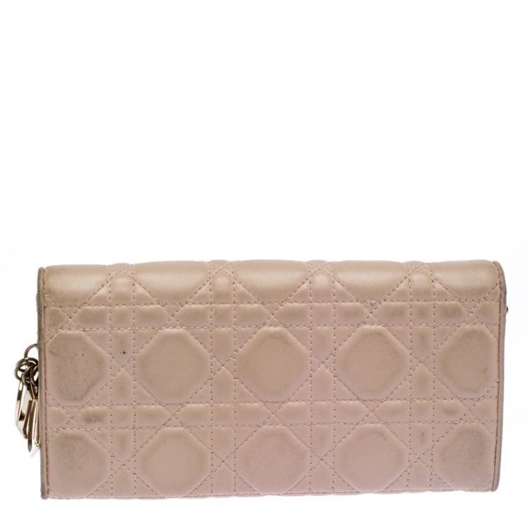 Pre Owned Dior Beige Cannage Leather Lady Dior Wallet On Chain