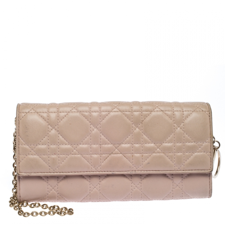 Pre Owned Dior Beige Cannage Leather Lady Dior Wallet On Chain