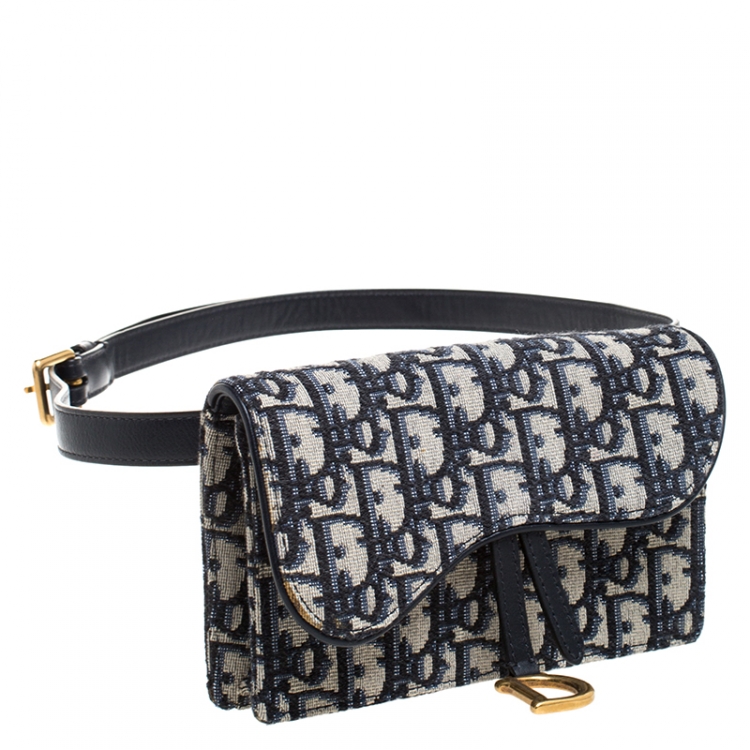 Pre Owned Dior Navy Blue/White Oblique Canvas and Leather Saddle Belt Bag