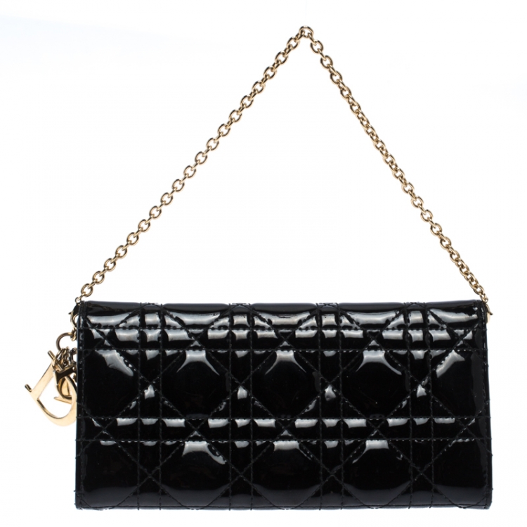 Pre Owned Dior Black Cannage Patent Leather Wallet on Chain