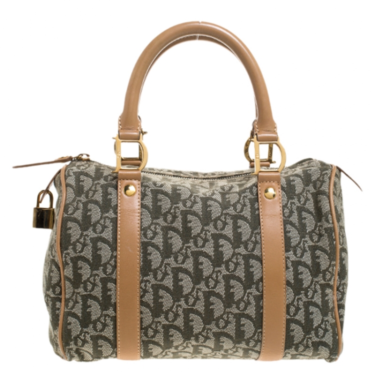 Pre Owned Dior Green/Beige Diorissimo Canvas and Leather Boston Bag