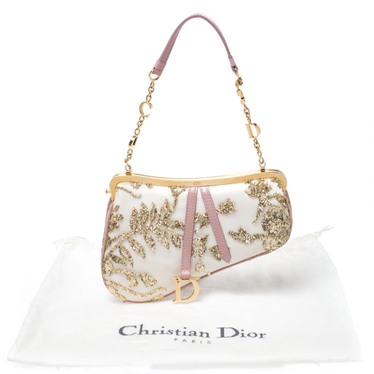 Pre Owned Dior Gold/Pink Embroidered Satin Limited Edition 0226 Mini Saddle Bag