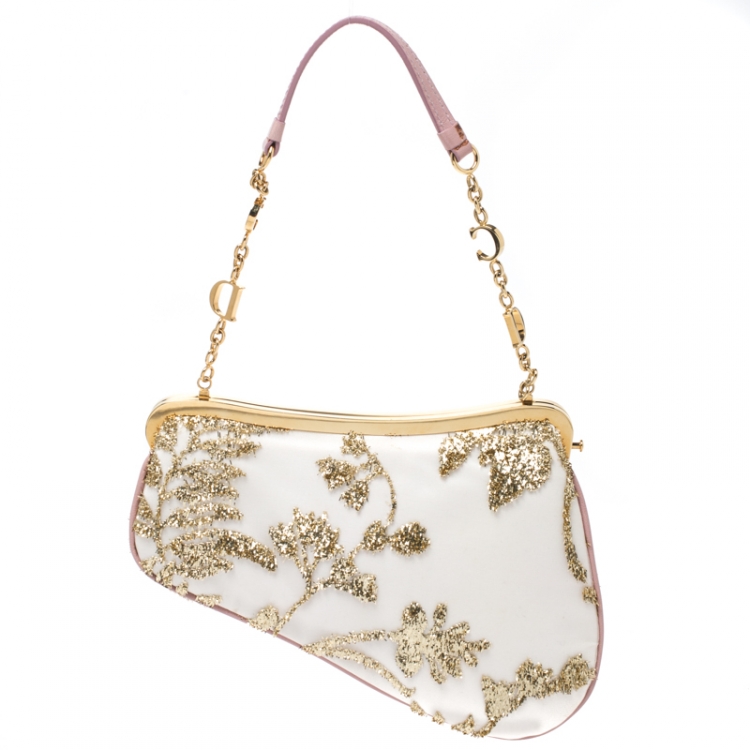 Pre Owned Dior Gold/Pink Embroidered Satin Limited Edition 0226 Mini Saddle Bag