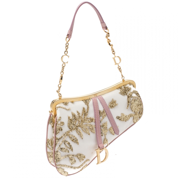 Pre Owned Dior Gold/Pink Embroidered Satin Limited Edition 0226 Mini Saddle Bag