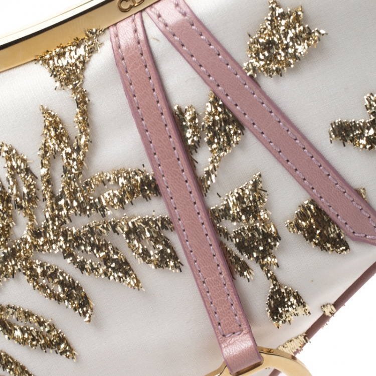 Pre Owned Dior Gold/Pink Embroidered Satin Limited Edition 0226 Mini Saddle Bag