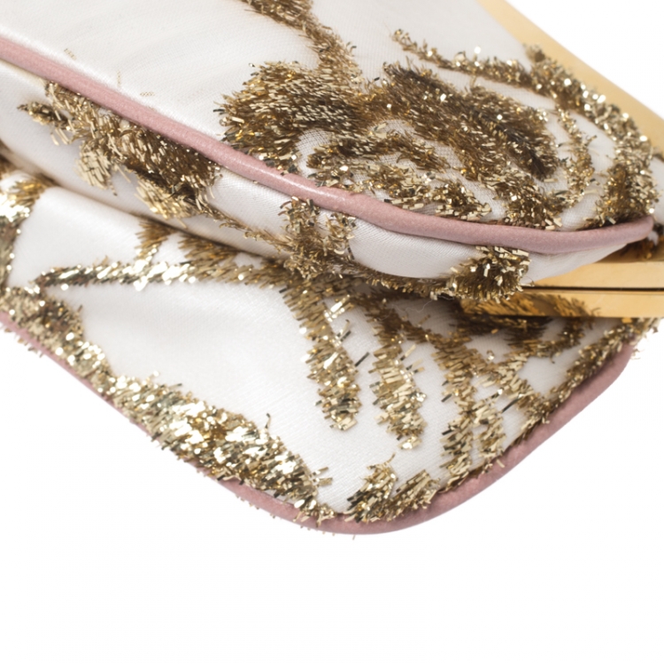 Pre Owned Dior Gold/Pink Embroidered Satin Limited Edition 0226 Mini Saddle Bag