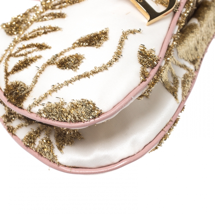 Pre Owned Dior Gold/Pink Embroidered Satin Limited Edition 0226 Mini Saddle Bag