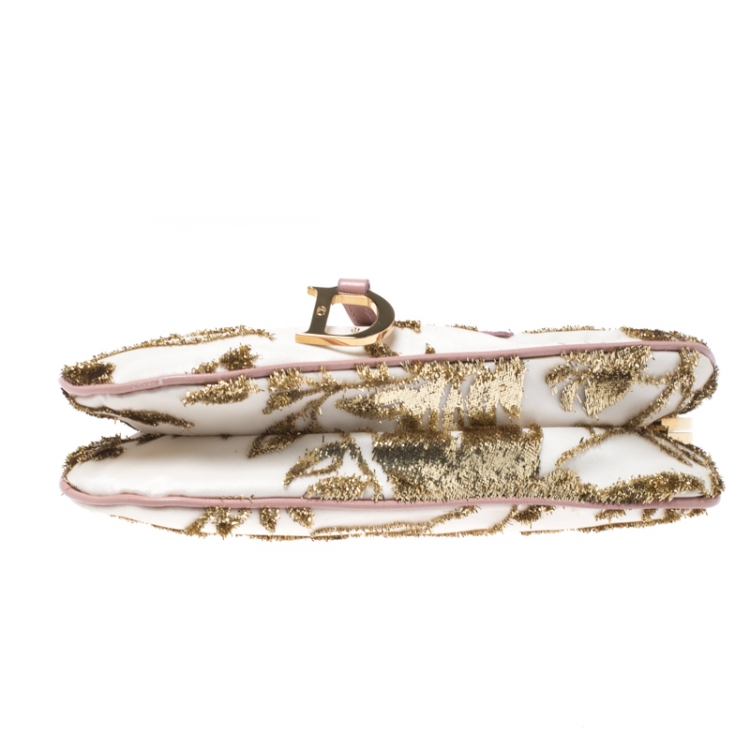 Pre Owned Dior Gold/Pink Embroidered Satin Limited Edition 0226 Mini Saddle Bag