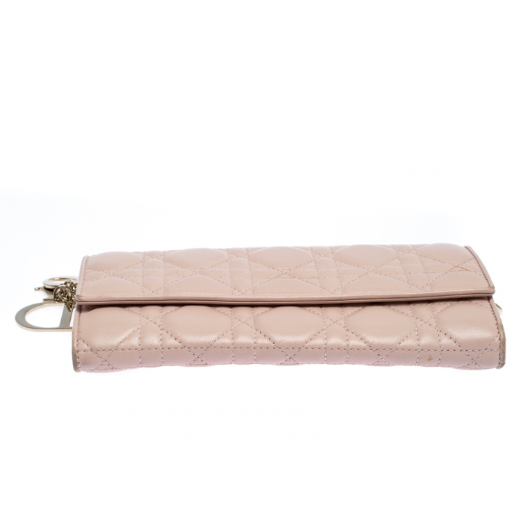 Pre Owned Dior Pink Quilted Cannage Leather Lady Dior Wallet on Chain
