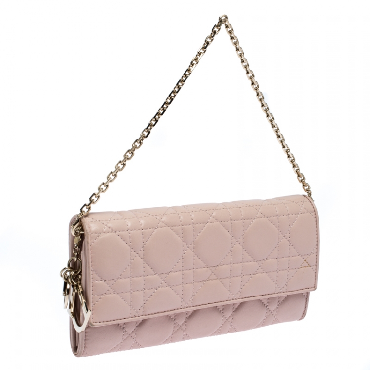 Pre Owned Dior Pink Quilted Cannage Leather Lady Dior Wallet on Chain