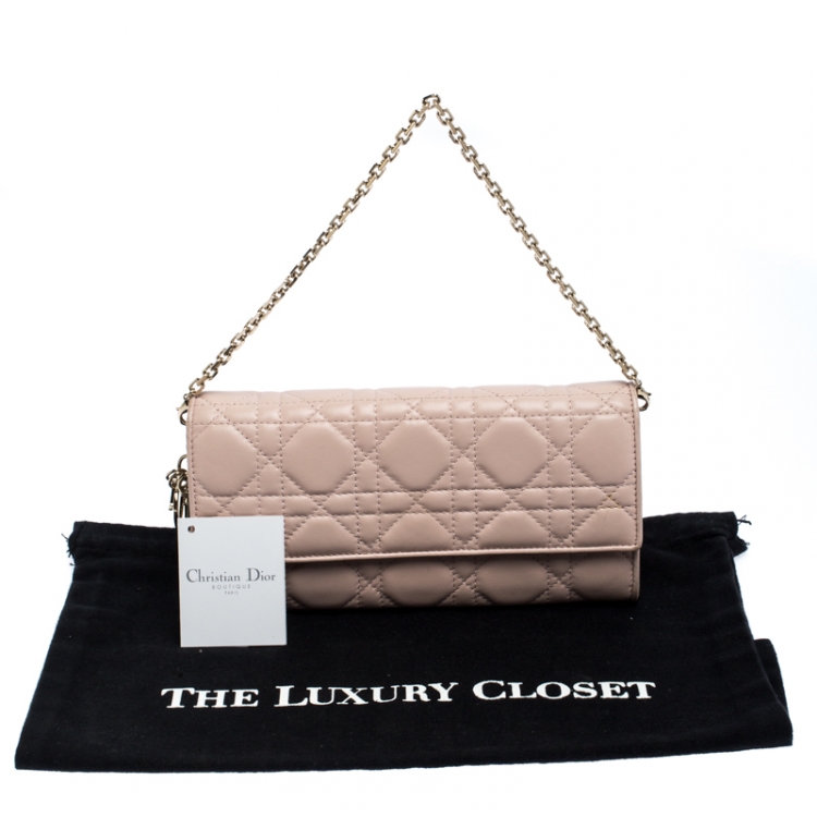 Pre Owned Dior Pink Quilted Cannage Leather Lady Dior Wallet on Chain