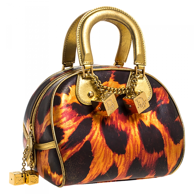 Pre Owned Dior Metallic Gold/Orange Printed Leather Gambler Dice Bowling Bag