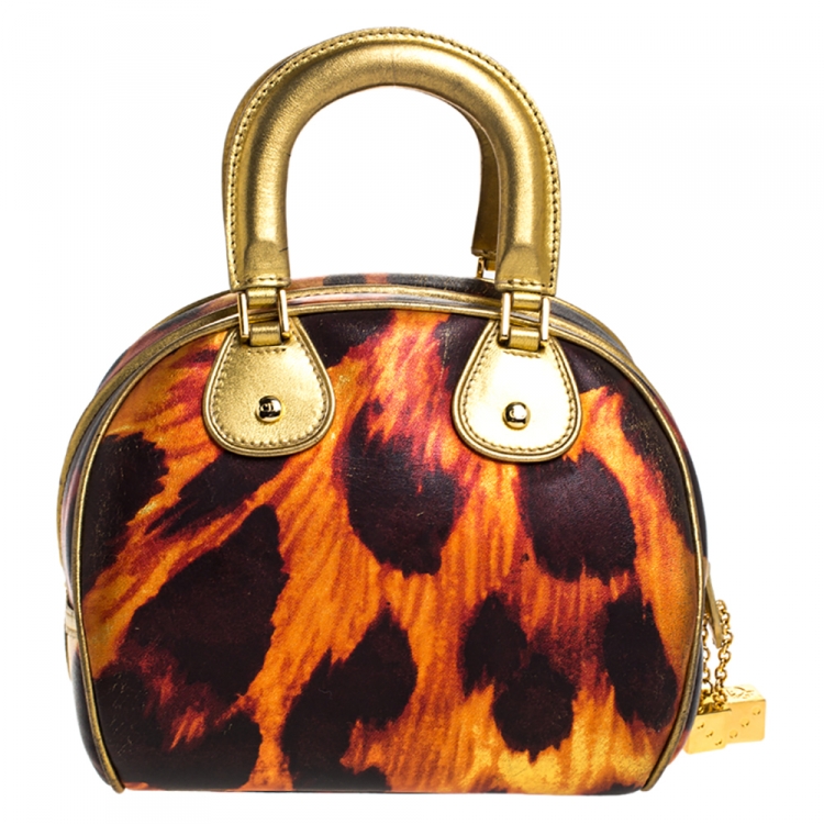 Pre Owned Dior Metallic Gold/Orange Printed Leather Gambler Dice Bowling Bag