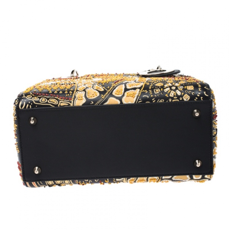 Pre Owned Dior Black Animals Embroidered Leather Medium Lady Dior Tote