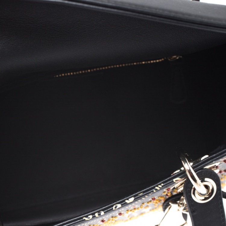 Pre Owned Dior Black Animals Embroidered Leather Medium Lady Dior Tote