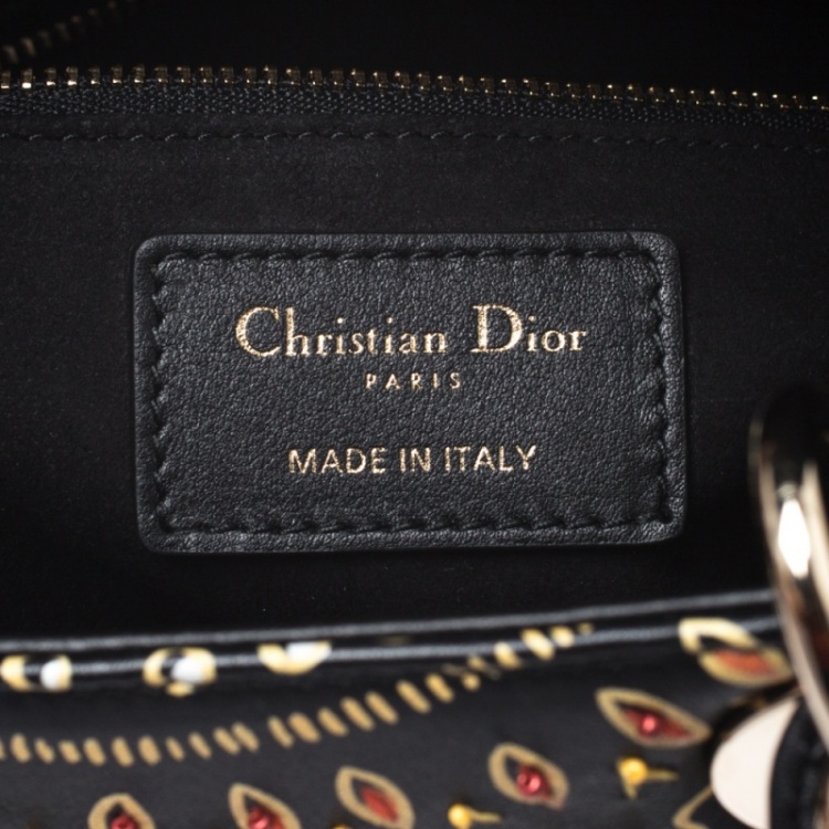 Pre Owned Dior Black Animals Embroidered Leather Medium Lady Dior Tote