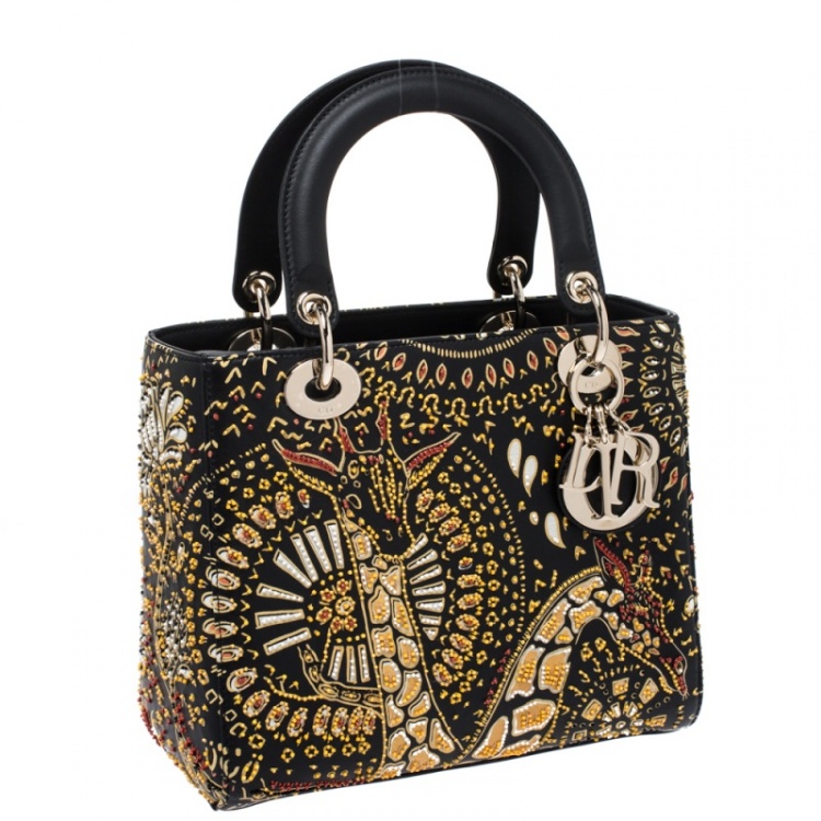 Pre Owned Dior Black Animals Embroidered Leather Medium Lady Dior Tote
