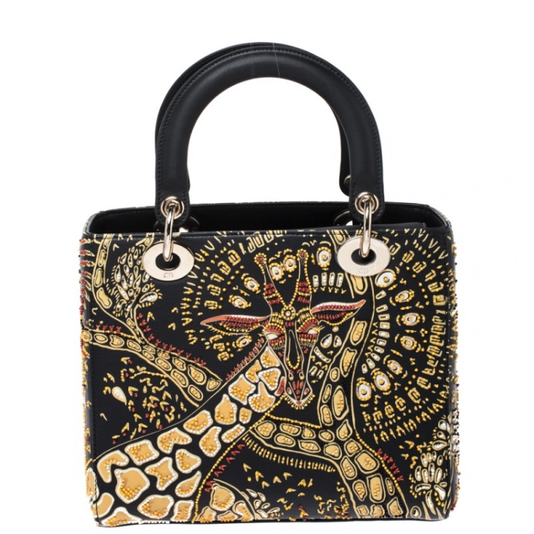 Pre Owned Dior Black Animals Embroidered Leather Medium Lady Dior Tote