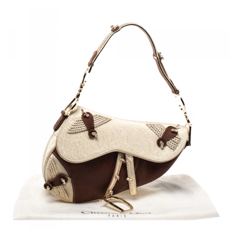 Pre Owned Dior Brown/Gold Leather and Fabric Braided Saddle Bag