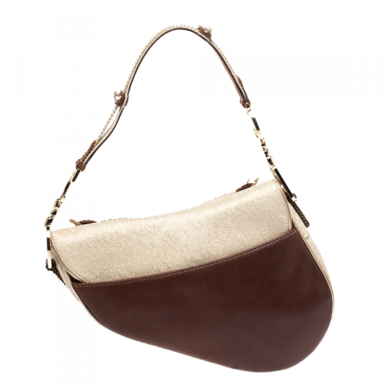 Pre Owned Dior Brown/Gold Leather and Fabric Braided Saddle Bag