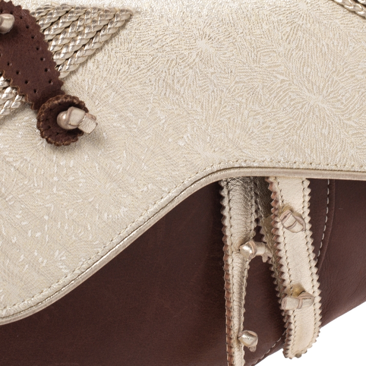 Pre Owned Dior Brown/Gold Leather and Fabric Braided Saddle Bag