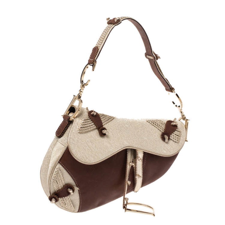 Pre Owned Dior Brown/Gold Leather and Fabric Braided Saddle Bag