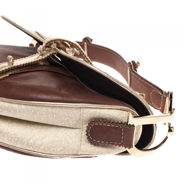 Pre Owned Dior Brown/Gold Leather and Fabric Braided Saddle Bag