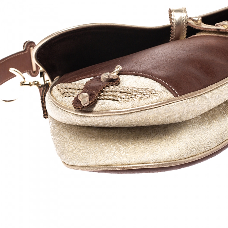 Pre Owned Dior Brown/Gold Leather and Fabric Braided Saddle Bag
