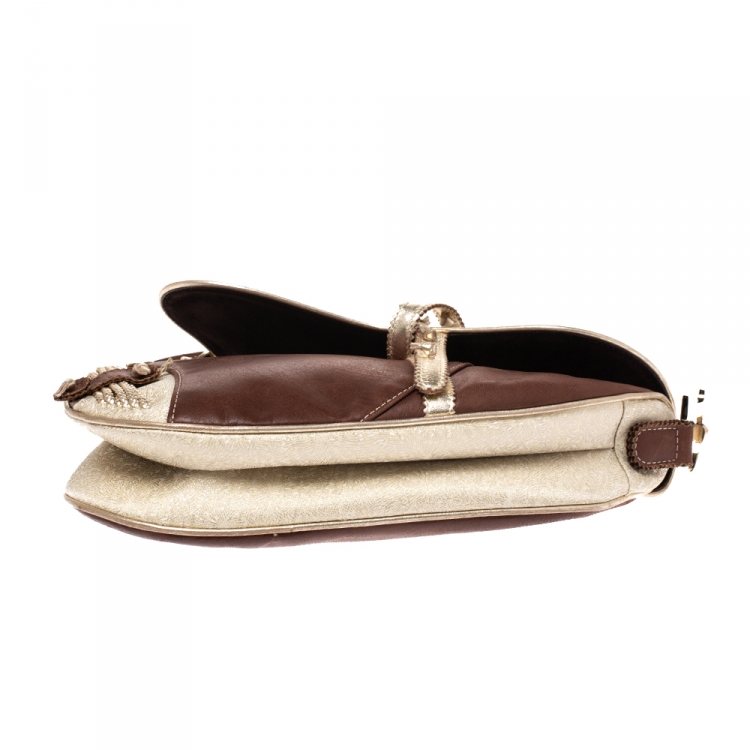 Pre Owned Dior Brown/Gold Leather and Fabric Braided Saddle Bag