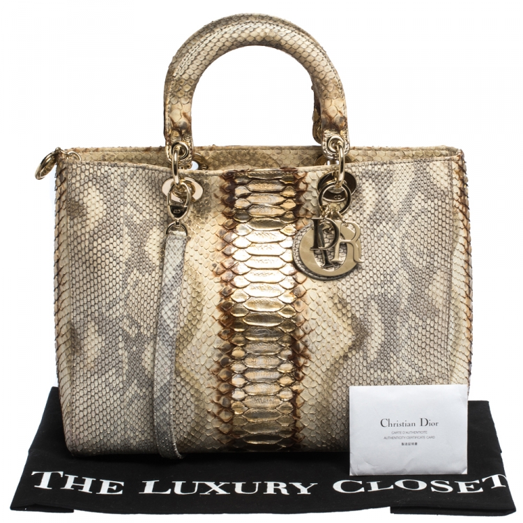 Pre Owned Dior Gold/Beige Python Large Lady Dior Tote