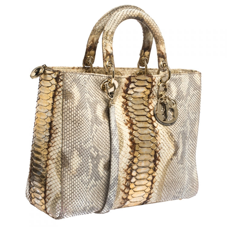 Pre Owned Dior Gold/Beige Python Large Lady Dior Tote