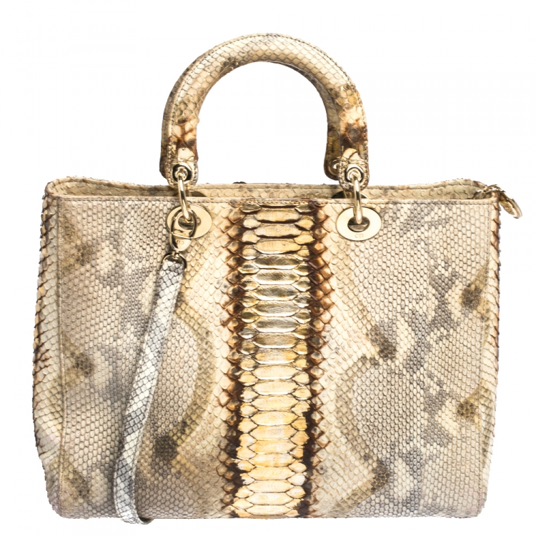 Pre Owned Dior Gold/Beige Python Large Lady Dior Tote